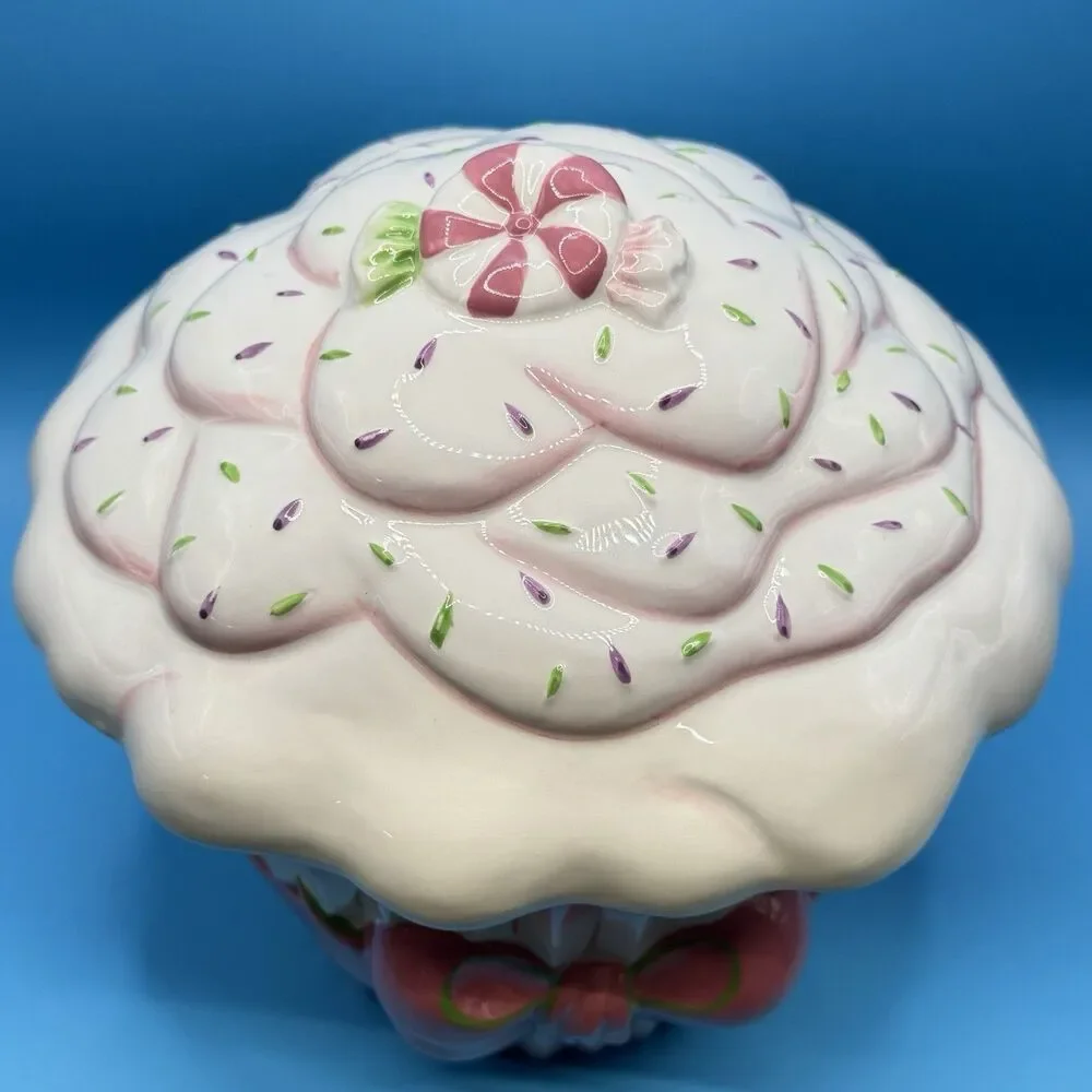 Deb Malewski Next Day Art Cupcake Cookie Jar Pink Bow Ceramic Canister 7”